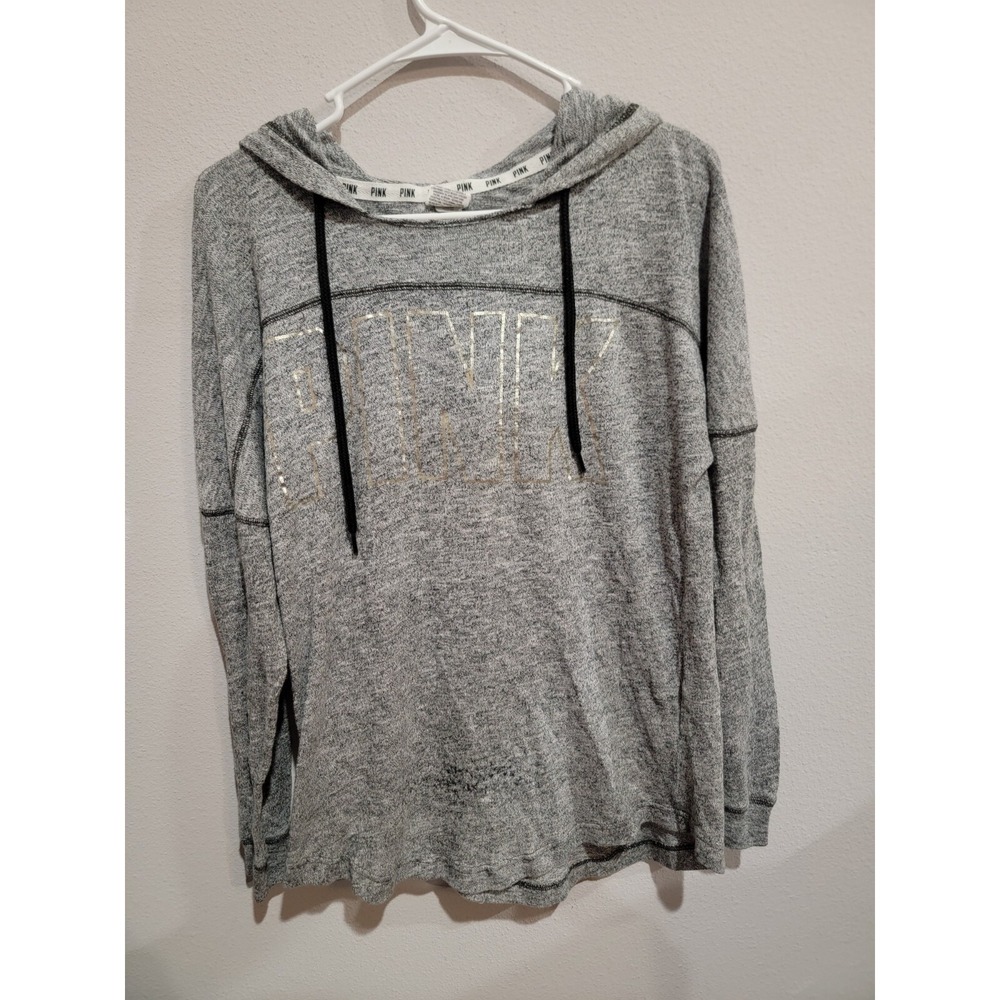 Victoria Secret PINK Hoodie S OPEN BACK Lightweight SILVER FOIL PULLOVER Gray
